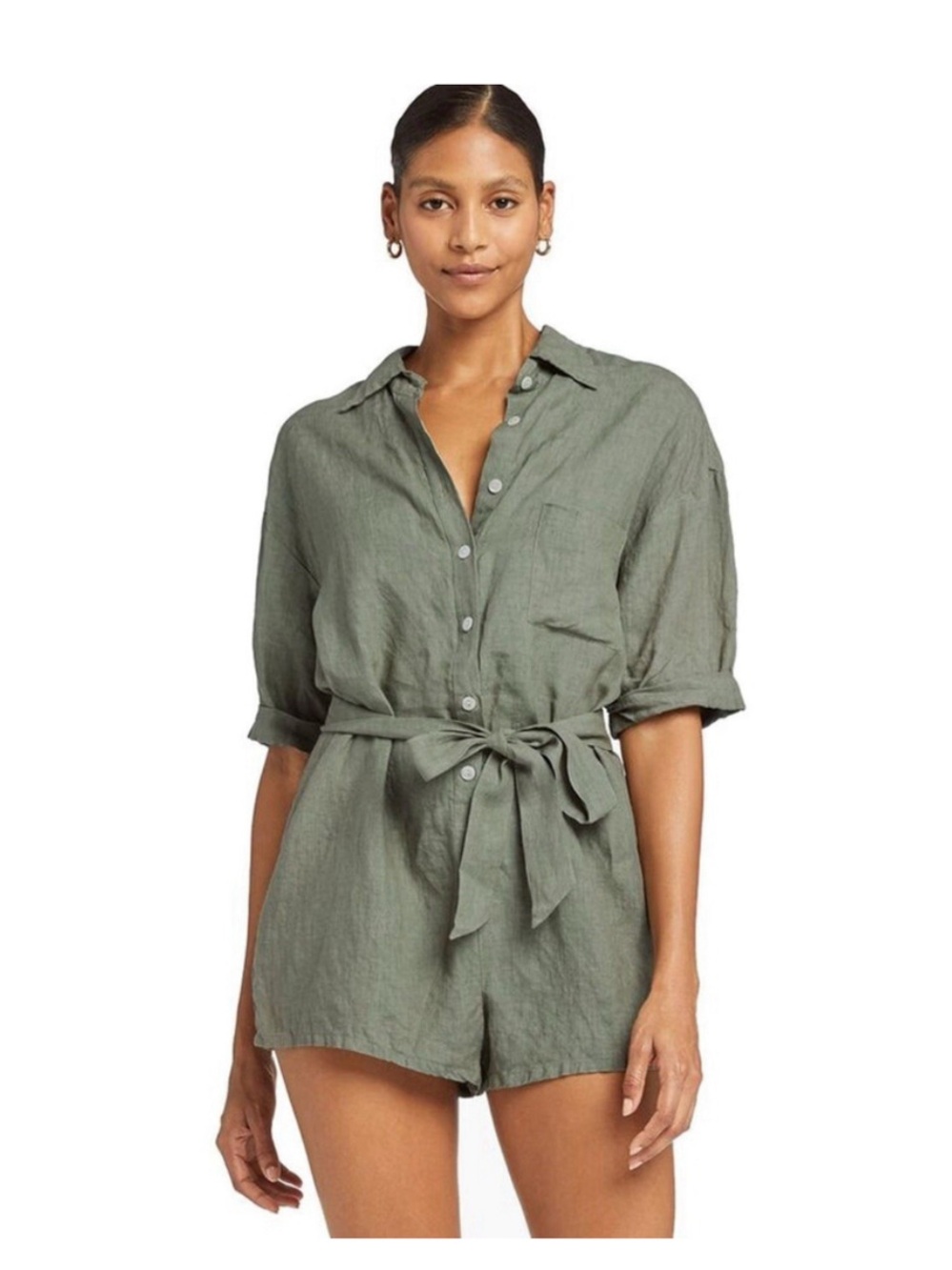 Vitamin A Olive-Green Linen Tie-Waist Romper Size Small